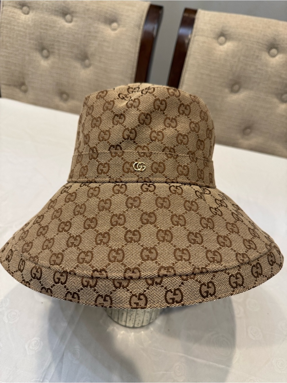 Authentic Gucci Beige/Brown GG Monogram Wide Brim Hat